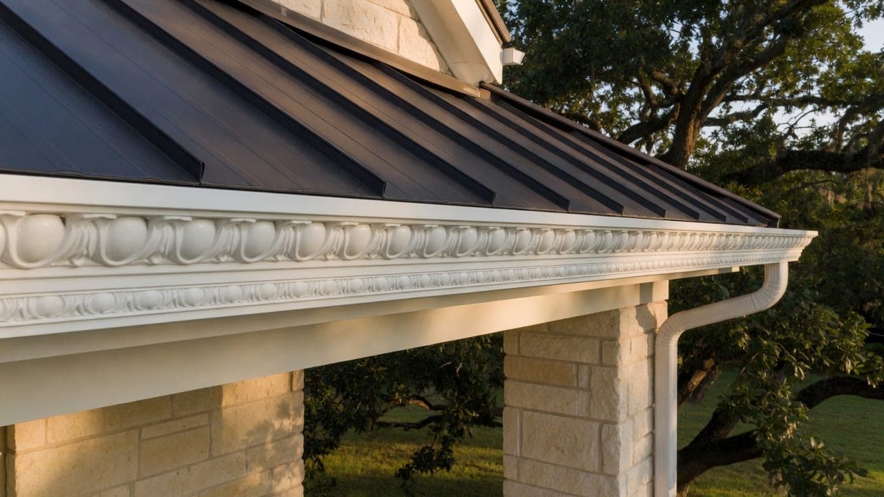 Crown molding along the eave, above the gutter.