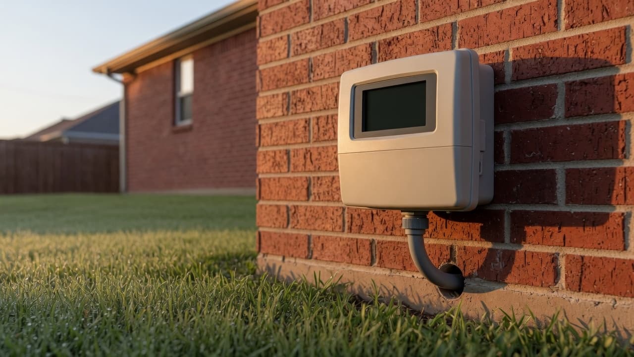 An irrigation controller mounted on a brick wall.