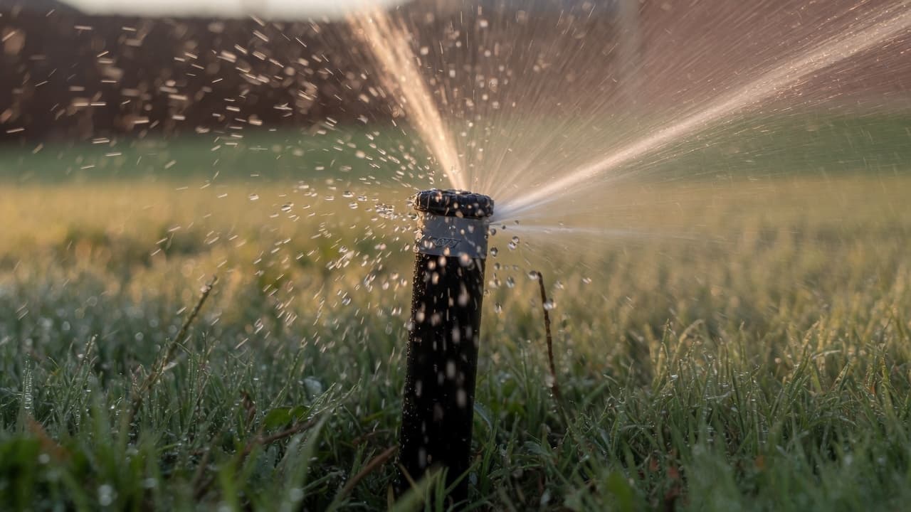 A pop-up sprinkler head watering a lawn.