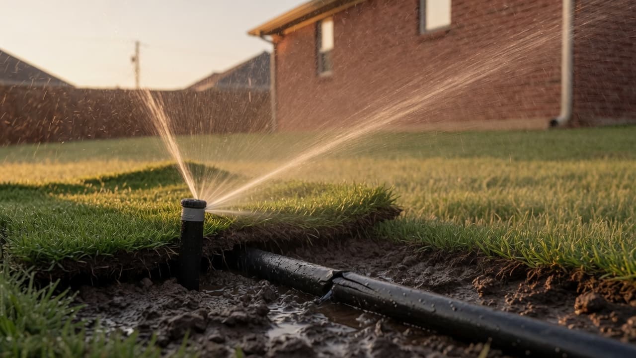 A split irrigation pipe uncovered in a lawn.