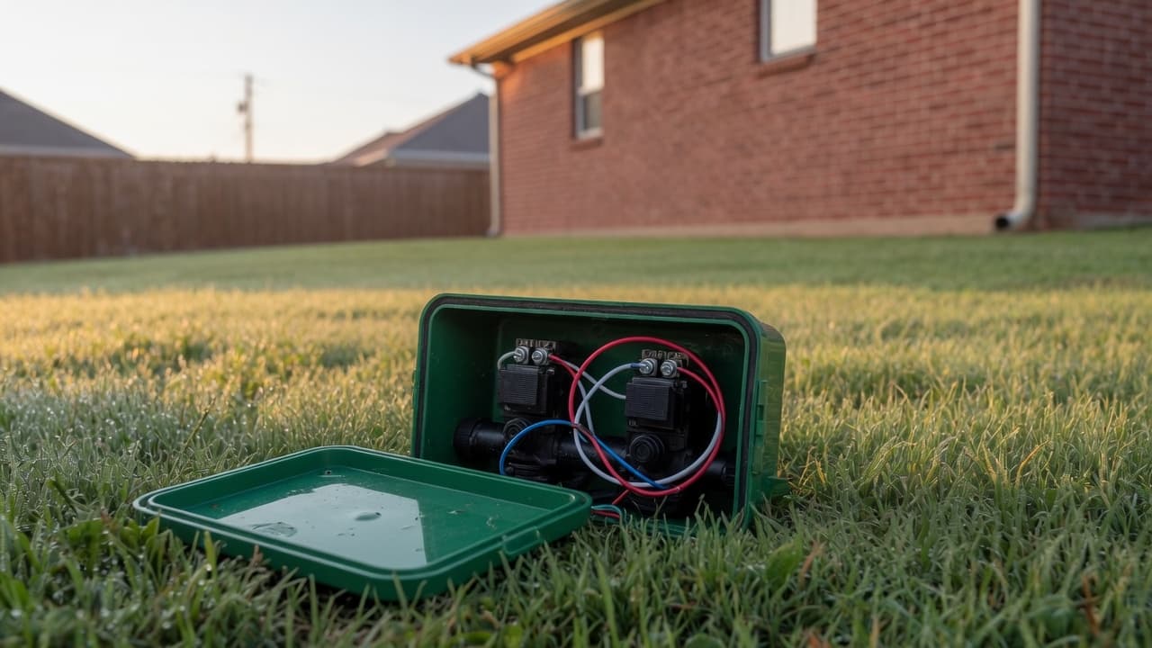 An open irrigation valve box in the grass.