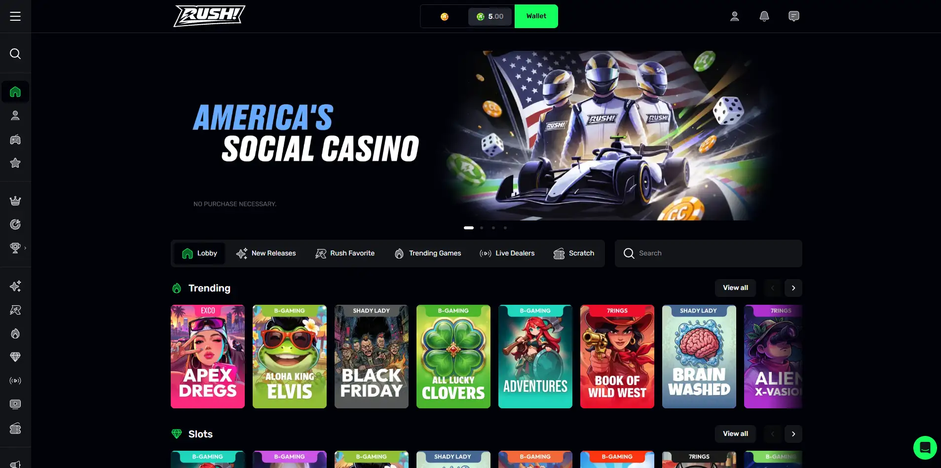 Rush.US lobby, with the game catalog and the America's Social Casino banner
