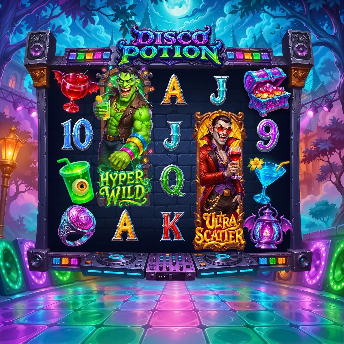 Disco Potion 5×4 board — monster party disco scene with the reel frame, DJ deck and dance floor