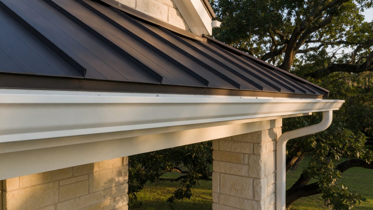 Concept photograph of a gutter eave, used on the Absolute Seamless Gutters house mockup.