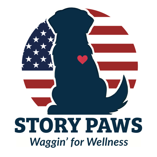 The Story Paws mark used on the website mockup.